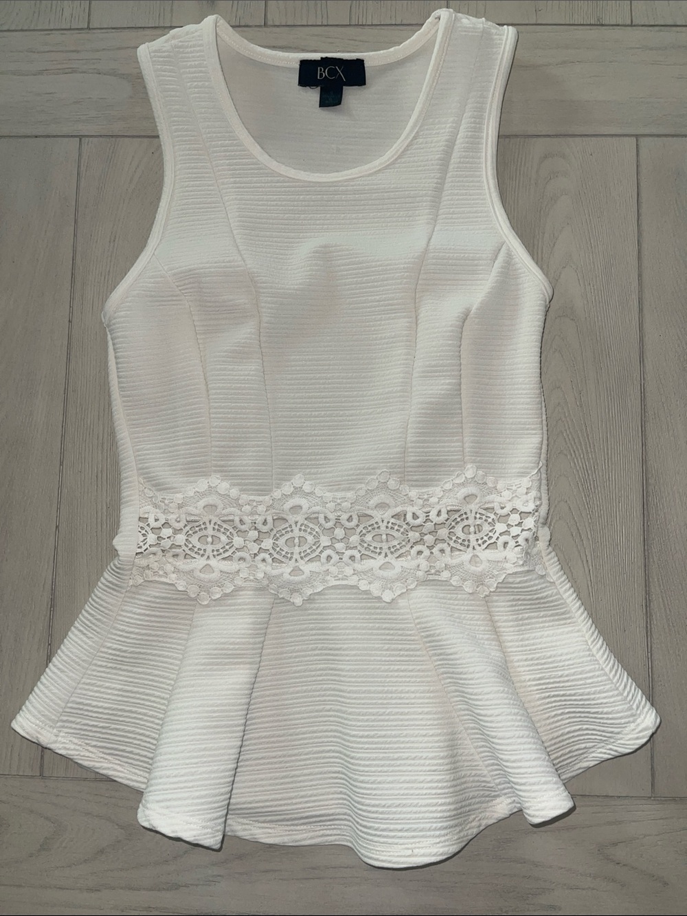 BCX White Sleeveless Peplum Tank with Lace Waistband
